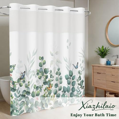 No Hook Eucalyptus Shower Curtain with Snap in Liner, 71x74 Inch | Double Layer Waterproof Bath Curtain with Mesh Top, Soft Green Botanical Leaf & Butterfly Print for Modern Farmhouse Bathroom - color: Eucalyptus