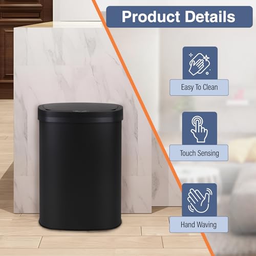 PayLessHere | 13 Gallon Stainless Steel Trash Can | Black | Automatic Touchless Lid with Motion Sensor | Kitchen Garbage Can with Waterproof Design | for Home, Office, Bathroom | Pack of 1 - color: Black Stainless Steel