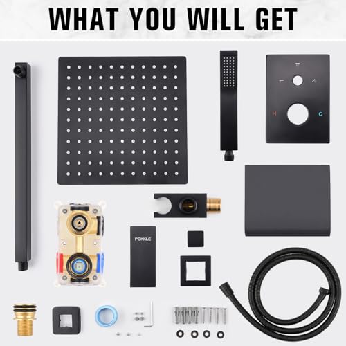 12 Inch Rainfall Shower System with Tub Spout Wall Mounted Complete Combo with Solid Brass Pressure Balancing Valve, High Pressure Shower Head, Handle Set & Installation Accessories Matte Black - color: Black