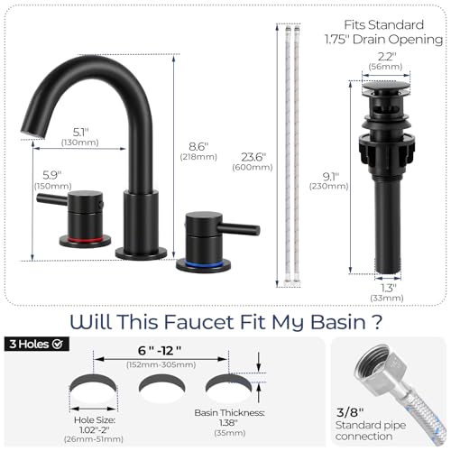 Black Bathroom Faucet 3 Hole, 2-Handle Widespread Faucet (2 Pack) | Lead-free stainless steel, pop-up drain, Detachable faucet aerator, 360°swivel, for RV & vanity sink 3-hole mount - color: 1-Black*2, style: 8 Inch Widespread
