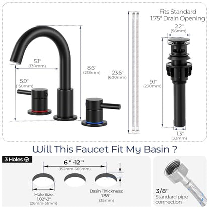 Black Bathroom Faucet 3 Hole, 2-Handle Widespread Faucet (2 Pack) | Lead-free stainless steel, pop-up drain, Detachable faucet aerator, 360°swivel, for RV & vanity sink 3-hole mount - color: 1-Black*2, style: 8 Inch Widespread