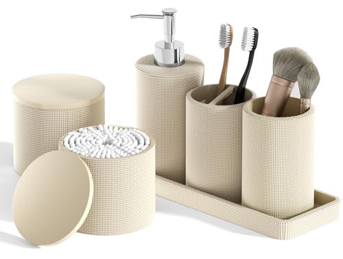 6-Piece Beige Bathroom Set - Mesh Textured Resin Bathroom Accessories Set with Soap Dispenser, Toothbrush Holder, Cup, Vanity Tray & Apothecary Jars for Small Spaces - color: Beige - Mesh Textured