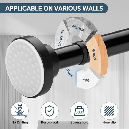Adjustable Black Shower Curtain Rods 17-51 Inch, No Drill Anti-Rust Non-Slip Heavy Duty Spring Tension Shower Rod, 1" Diameter Drapery Telescoping Curtain Rods for Bathroom - size: 17-51 inch