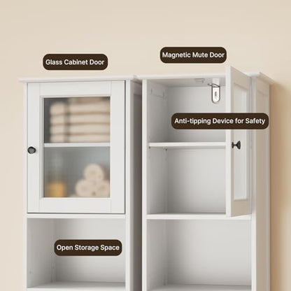 Gizoon White Bathroom Storage Cabinet Combo | Freestanding Tall Linen Tower + Floor Bathroom Cabinet with Adjustable Shelves, Multipurpose Organizer for Laundry, Kitchen