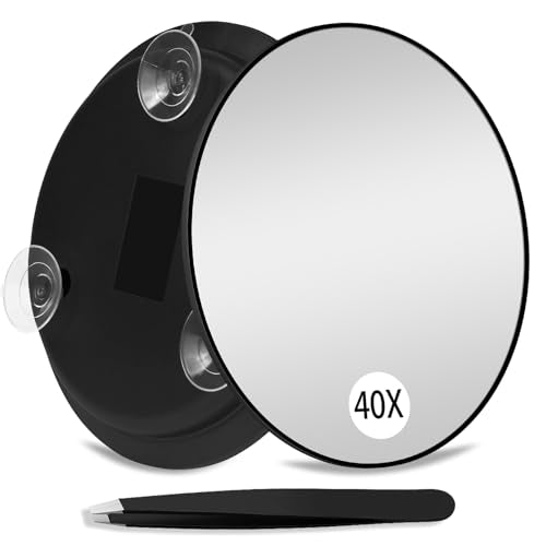 Magnifying Mirror 40X with Suction Cups, Large 6inch Travel 40X Magnified Round Makeup Mirror with High Magnification, Make up Mirror with Tweezers Sets - color: 40x -Black
