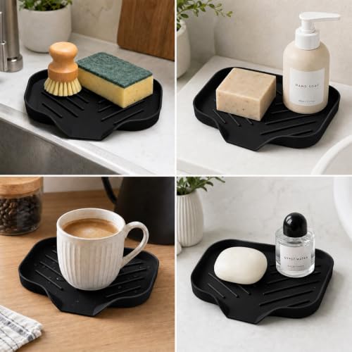 2 PCS Silicone Soap Dish with Drain, Soap Holder Sponge Drain Rack, Self-Draining Sink Organizer Tray for Kitchen & Bathroom - color: Black