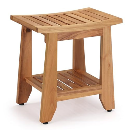 Teak Shower Bench Stool, 14'' Compact Waterproof Wooden Sauna Bath Bench with Storage Shelf, Non-Slip Solid Teak Shower Seat Chair for Small Bathrooms Inside Shower and Outdoor Use - size: 14''W x 10''D x 15''H