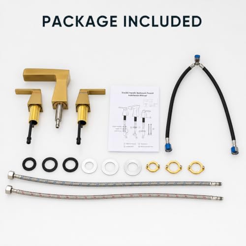 Brushed Gold Waterfall Bathroom Faucet for 3-Hole Sinks 8 Inch Widespread Vanity Faucet with Sculptural Trapezoid Body, Two Handles, Pop-Up Drain & Hoses - color: B - Brushed Gold
