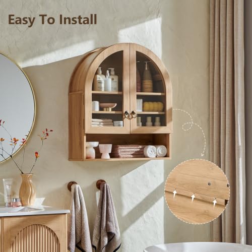 IFGET Bathroom Arched Wall Cabinet, 23.6'' Wide Medicine Cabinet with Adjustable Shelves & Glass Doors, Over The Toilet Storage Wall Mount Cabinet for Laundry Room, Kitchen & Living Room, Natural Oak - color: Natural Oak