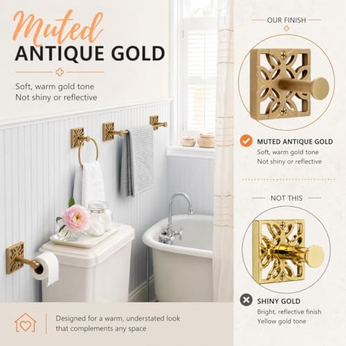 Autumn Alley 5-Piece Bathroom Hardware Set – Antique Gold (Muted, Brushed Finish – Not Shiny), Wall Mounted Towel Bar, Towel Ring, Toilet Paper Holder & Robe Hooks, Bathroom Accessories Set Complete - color: Antique Gold (Muted)