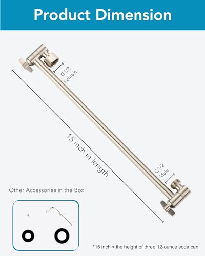 15 Inch Extra Long Adjustable Shower Head Extension Arm With Locking Set Screw, Singing Rain 304 Stainless Steel Angle Height Adjustable, G1/2 Universal Connector Compatible (Nickel Brushed) - color: 2. Nickel Brushed, style: 15 inch