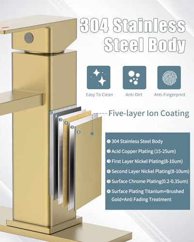 Bathroom Sink Faucet, Brushed Gold Bathroom Faucet 3 Hole with Pop-up Drain and Vessel Sink Hole Cover 6", Stainless Steel Single Handle Faucets for Bathroom Sink-2 Sets - color: 5.Brushed Gold(New), style: Short*2