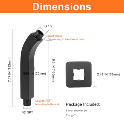 Shower Arm with Flange and Teflon Tape, Wall Mounted Square Shower Pipe 304 Stainless Steel Extension Arm for Fixed Shower Head & Handheld Shower (6 Inch, Matte Black) - color: Matte Black, style: 6 Inch