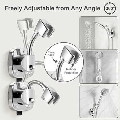 2 Pcs Shower Head Holder Suction Cup, 360° Adjustable Hand Held Shower Head Holder Wall Mount, Removable No Drill Tool Free Installation in Seconds