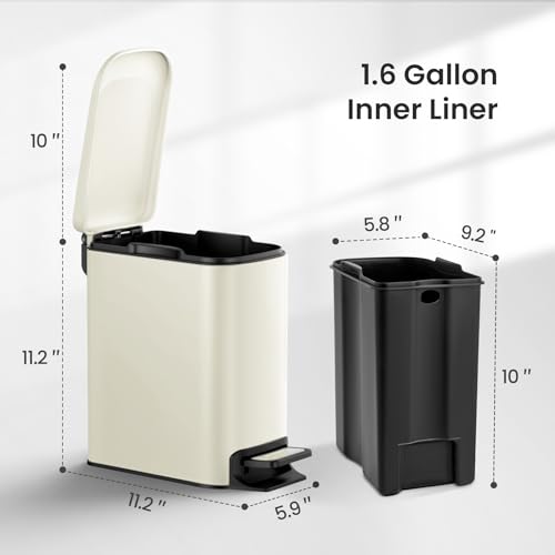 Cesun Small Bathroom Trash Can with Lid, 1.6 Gal, Soft Close, Creamy White | Step pedal soft close, Slim 5.9in fits narrow spaces, Stainless steel, Anti-fingerprint, Removable inner bucket, Odor seal - color: Creamy White