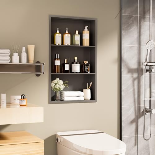 14x24 Recessed Medicine Cabinet, Bathroom Wall Cabinet, 304 Stainless Steel Recessed Wall Niche with 3-Tiers Shelves, Matte Gray - color: Matte Gray, size: 14'' x 24''
