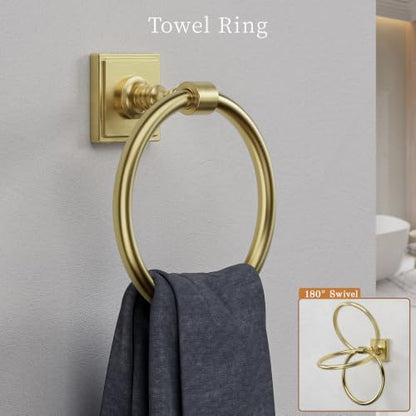 VEHCIL Brushed Gold Bathroom Towel Bar Set, 5 Piece Bathroom Hardware Accessory Set, SUS304 Stainless Steel 24" Towel Rack Holder Set for Bathroom, Wall Mounted - color: Brushed Gold