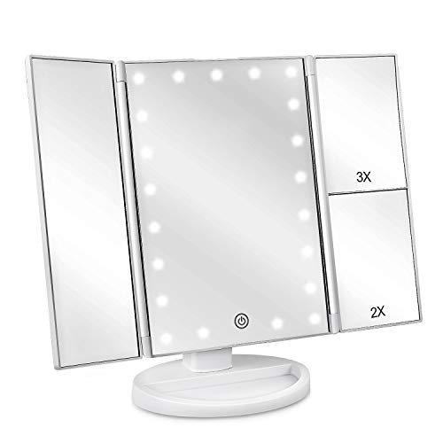 Floor Mount Tri-Fold Lighted Vanity Mirror with 21 LED Lights, Touch Screen and 3X/2X/1X Magnification, Two Power Supply Modes Make Up Mirror,Travel Mirror - color: White