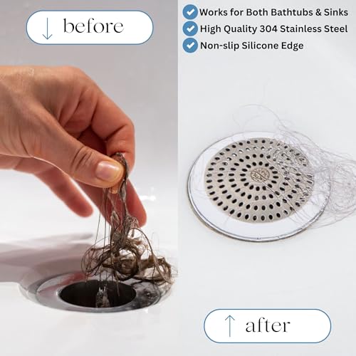 Drain Hair Catcher & Stopper Combo – Tub ShowerRing + StopRing Set for Bathtub & Sink | Stainless Steel Strainer + Silicone Drain Plug | Clog-Free, Universal Fit (White, 2 Pack) - color: White