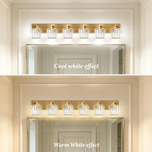 Gold Crystal Bathroom Vanity Light, 6-Light Modern Bathroom Lighting Fixtures Over Mirror,Chrome Wall Sconce Light Fixtures with Square Shade - color: Gold-Square Shade, size: 6-LIGHT