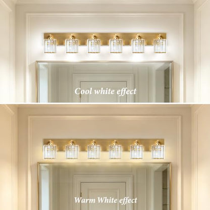 Gold Crystal Bathroom Vanity Light, 6-Light Modern Bathroom Lighting Fixtures Over Mirror,Chrome Wall Sconce Light Fixtures with Square Shade - color: Gold-Square Shade, size: 6-LIGHT