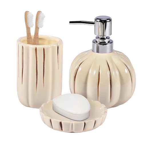 Fall Bathroom Accessory Set of 3, Harvest Pumpkin Bathroom Decor, Ceramic Bathroom Accessories Complete -Toothbrush Holders, Soap Dispenser, Soap Dish, Bathroom Organizer for Countertop - size: Pumpkin-Beige