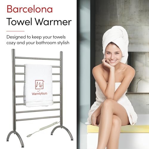 WarmlyYours Barcelona Heated Towel Rack, 8 Bars, Brushed Steel | Freestanding plug-in electric towel warmer, 150W, overheat protection, warms 2 large towels or bathrobes at once