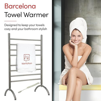 WarmlyYours Barcelona Heated Towel Rack, 8 Bars, Brushed Steel | Freestanding plug-in electric towel warmer, 150W, overheat protection, warms 2 large towels or bathrobes at once