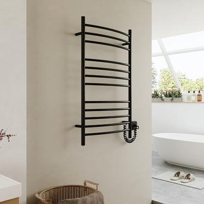 12-Bar Curved Towel Warmer, Heated Towel Rack with Timer, Black | 12 Curved Heating Bars, Timer And Temperature Control, 160W Power, Wall-Mounted Design, Plug-In Or Hardwired Installation - color: Matte Black