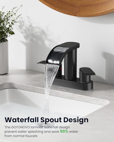 gotonovo 4’’ Centerset Bathroom Sink Faucet Waterfall Matte Black | SUS304 Bathroom Faucet,2.17’’ Wide Spout,24’’ cUPC Water Line,Pop up Drain,2 Handle,Basin,Vanity,RV,Lavatory 2 or 3 Hole Sink - color: Black