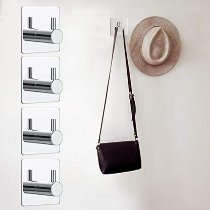 Bylion 4 Pack Adhesive Wall Hooks Chrome Hooks Bathroom Towel Hook | SUS 304 Stainless Steel, Heavy Duty Waterproof Hooks for Bathroom Kitchen Bedroom