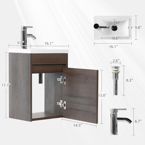 wonline 16” Bathroom Vanity Sink Combo for Small Space Wall Mounted Cabinet Set Design White Resin Basin Sink Top Chrome Faucet Wood Color - color: Brown