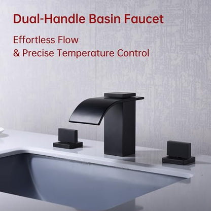 SUMERAIN Matte Black 8 Inch Widespread Waterfall Bathroom Sink Faucet | 3 Hole, 2 Handles, Modern Design, Easy DIY Installation - color: Matte Black