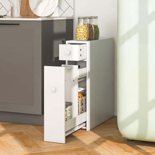 Tangkula Slim Storage Cabinet, Free Standing, with Slide Out Drawers, Narrow Floor Bathroom Organizer Next to Toilet, Toilet Paper Holder, 19 x 6.5 x 23 Inches (White) - color: White