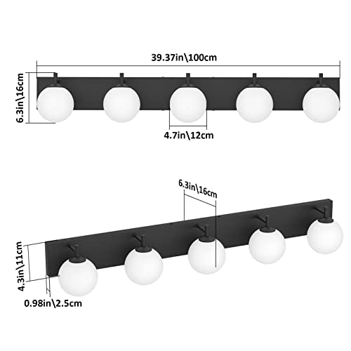 Aipsun Vanity Light, 5 Lights Matte Black Bathroom Light Fixtures, Vanity Lights with Milky White Globe Glass, Black Lights Over Mirror - color: Black, size: 5 Lights