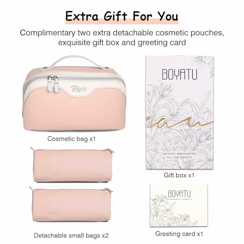 BOYATU Travel Makeup Bag Organizer Cosmetic Bag: 3 Pcs Set Make up Bags for Women with Handle - Waterproof Vegan Leather Toiletry Bags Travel Essentials Pouch with Compartments (A-09-Pink) - color: 02-D-Pink