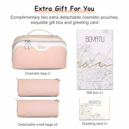 BOYATU Travel Makeup Bag Organizer Cosmetic Bag: 3 Pcs Set Make up Bags for Women with Handle - Waterproof Vegan Leather Toiletry Bags Travel Essentials Pouch with Compartments (A-09-Pink) - color: 02-D-Pink