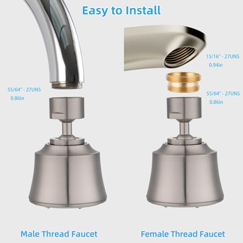 Faucet Aerator 4 Modes, 360° Swivel Faucet Sprayer Head, Brushed Nickel | 55/64" Sink Faucet Head for Bathroom & Kitchen faucets, 2 Large-Angle Rotating Metal Joints, Extra 15/16" Male Adapter - color: Brushed Nickel, style: 2 Swivel Joints