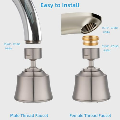 Faucet Aerator 4 Modes, 360° Swivel Faucet Sprayer Head, Brushed Nickel | 55/64" Sink Faucet Head for Bathroom & Kitchen faucets, 2 Large-Angle Rotating Metal Joints, Extra 15/16" Male Adapter - color: Brushed Nickel, style: 2 Swivel Joints