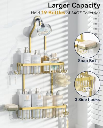 Never Rust Shower Caddy Hanging, Aluminum Shower Racks for Inside Shower, 2-Tier Shower Organizer Hanging Over Shower Head with Hooks and Soap Holder, Gold - color: Gold