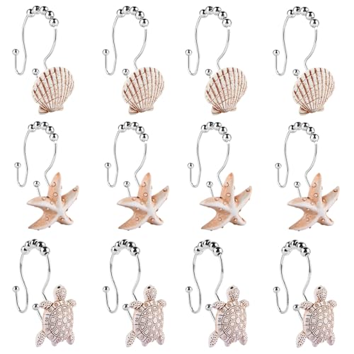Double Shower Curtain Hooks,12Pcs Seashell Decorative Shower Curtain Rings | Double Seashells Decorative Shower Curtain Hooks Rings Resin Nautical Bathroom Decoration Beach Hooks