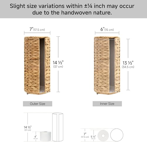 StorageWorks Water Hyacinth Free Standing Toilet Paper Holder Stand for Bathroom, 3 Rolls of Toilet Tissue Storage with a Built-in Cloth Lining, Toilet Roll Holder Stand with Lid | Decorative 3 Rolls of Toilet Tissue Storage with a Built-in Cloth Lining,