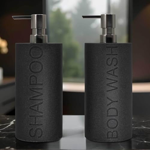 Resin 2 Pack Shampoo, Conditioner or Body Wash Dispenser Set, Luxurious Refillable Pump Bottles with Matte Pump Top and Embossed Text, Durable Design for Bathroom and Shower - color: Gray Shampoo & Body Wash