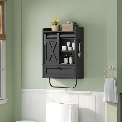 MAHANCRIS Bathroom Wall Cabinet, Farmhouse Medicine Cabinets with Sliding Door, Wall Mounted Storage Cabinet with Adjustable Shelf and Towel Bar, for Bathroom, Living Room, Kitchen, Black - color: Black