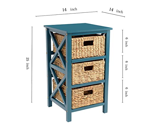 3 Tier X-Side Storage Drawer, Teal | 3 Wicker Baskets, End Table, Side Table - color: Teal, size: 14"D x 14"W x 25"H (3 Drawers)