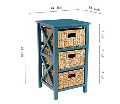 3 Tier X-Side Storage Drawer, Teal | 3 Wicker Baskets, End Table, Side Table - color: Teal, size: 14"D x 14"W x 25"H (3 Drawers)