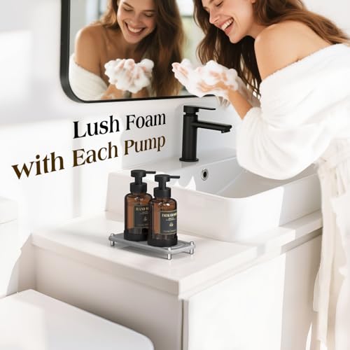Luxspire 15oz Glass Foaming Soap Dispenser Set, Amber + Dark Gray, 2 Pack | Anti-drip pump, wide mouth easy refill, non-slip silicone base, 7 waterproof labels, refillable glass for hand dish soap - color: Brown