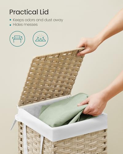 SONGMICS Laundry Hamper with Lid, 17.2 Gallon (65L) Synthetic Rattan Clothes Laundry Basket with Lid and Handles, Foldable, Removable Liner, Summer Sand ULCB165LZ01 - color: Summer Sand, size: 65 L