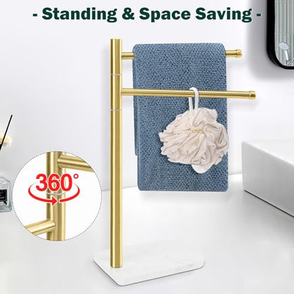 Hand Towel Holder, F-Shape Hand Towel Stand with Marble Base, Stainless Steel Swivel Hand Towel Rack Bar Standing for Bathroom Kitchen Countertop, 2 Arms (Gold) - color: Gold