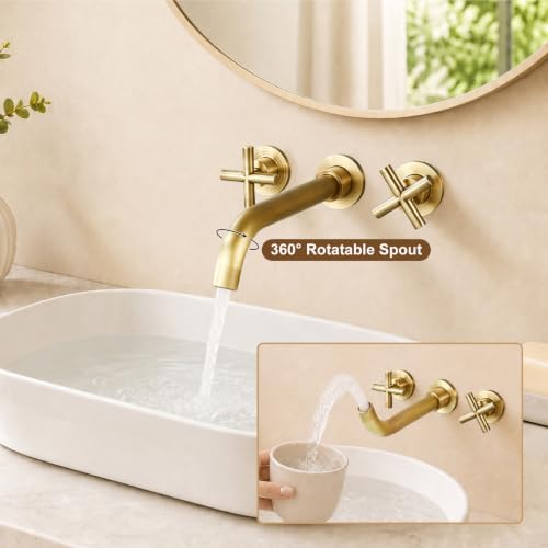 Midanya Wall Mount Bathroom Faucet 3 Hole 2 Cross Handle,Antique Brass | SUS304 Stainless Steel,Rough-in Valve Included,360° Swivel Spout,for Bathroom Sink,Vanity - color: Antique Brass